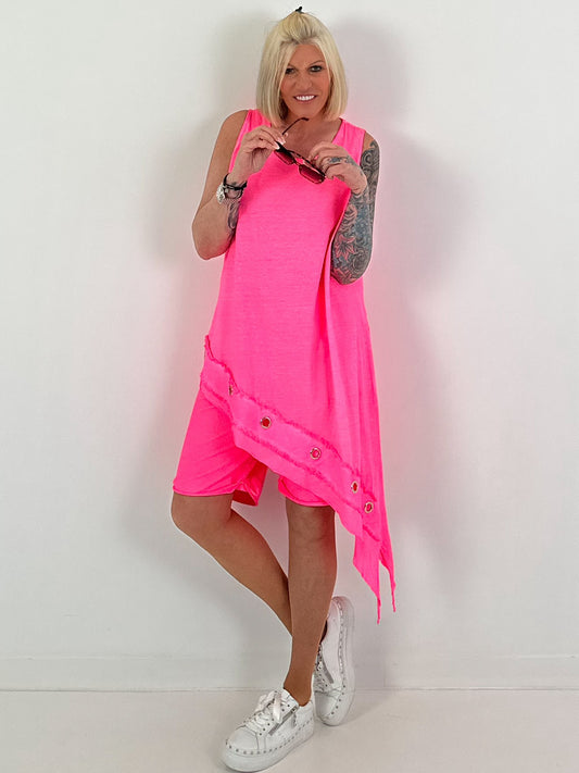 Long Top asymmetrisch mit Ösen - neonpink