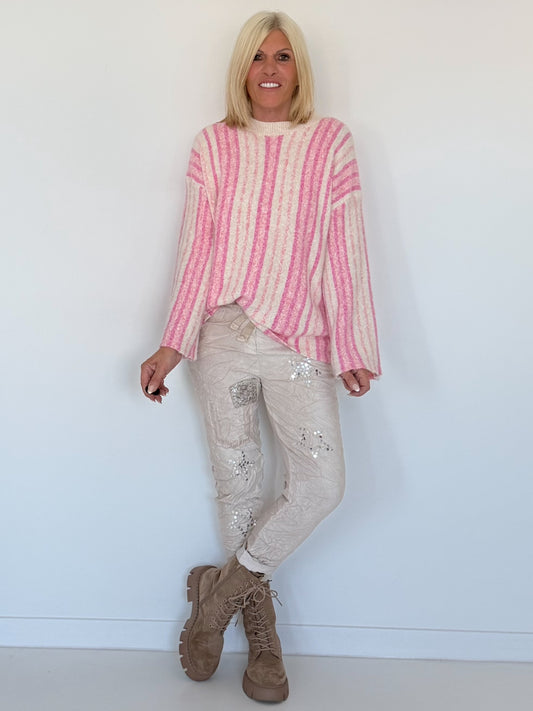 Striped sweater with trumpet sleeves - beige-pink