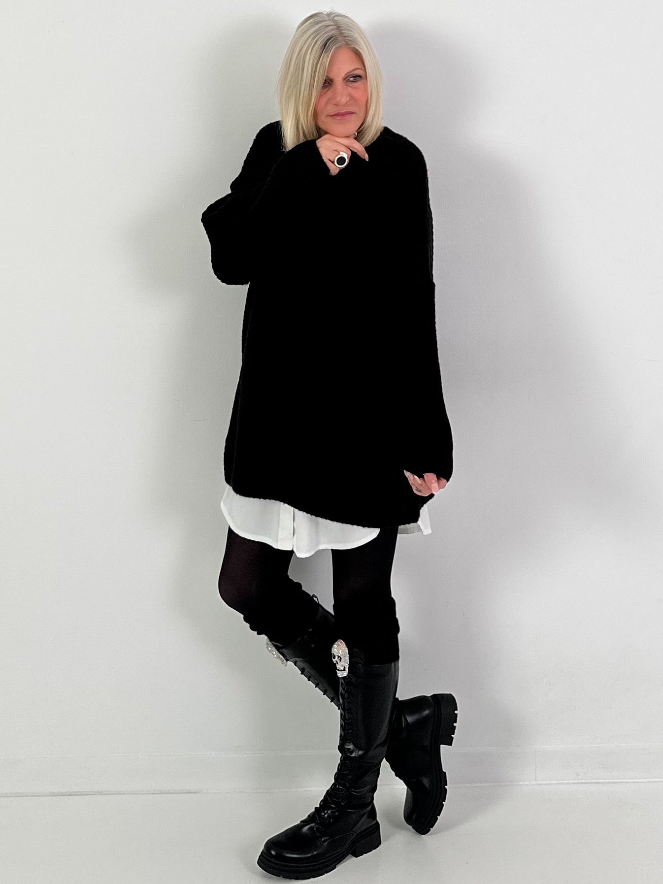 Long pullover model "Rib Relax" - black