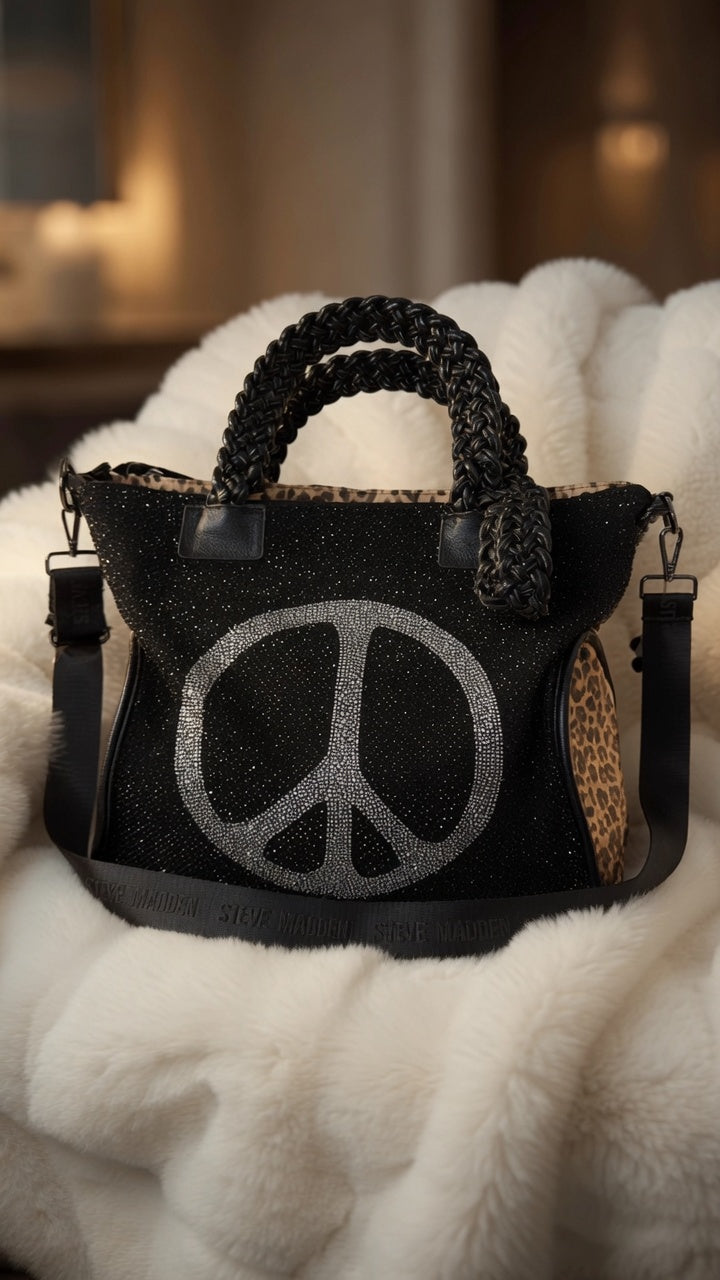 Stylish Canvas Bag with Genuine Leather Details Peace - black-silver-leopard chocolate