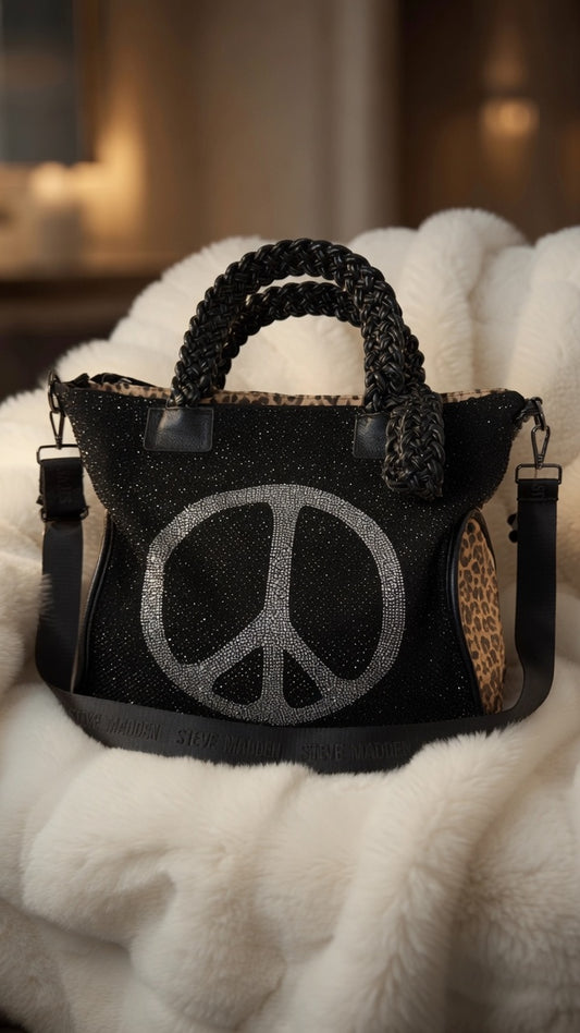 Stylische Canvas Tasche mit Echtleder Details Peace - schwarz- silber-leo schoko