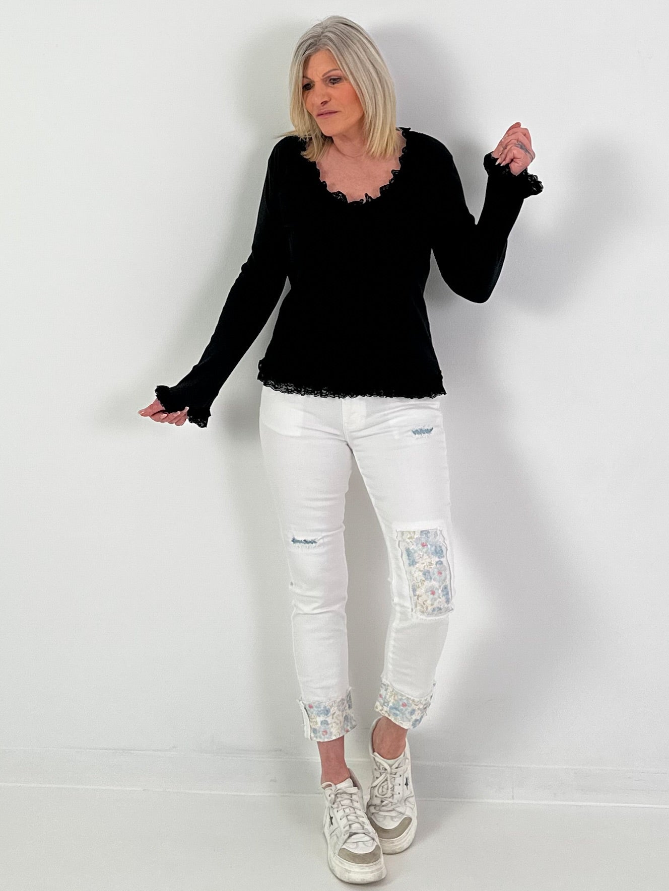 Blouse met kanten ruches - zwart