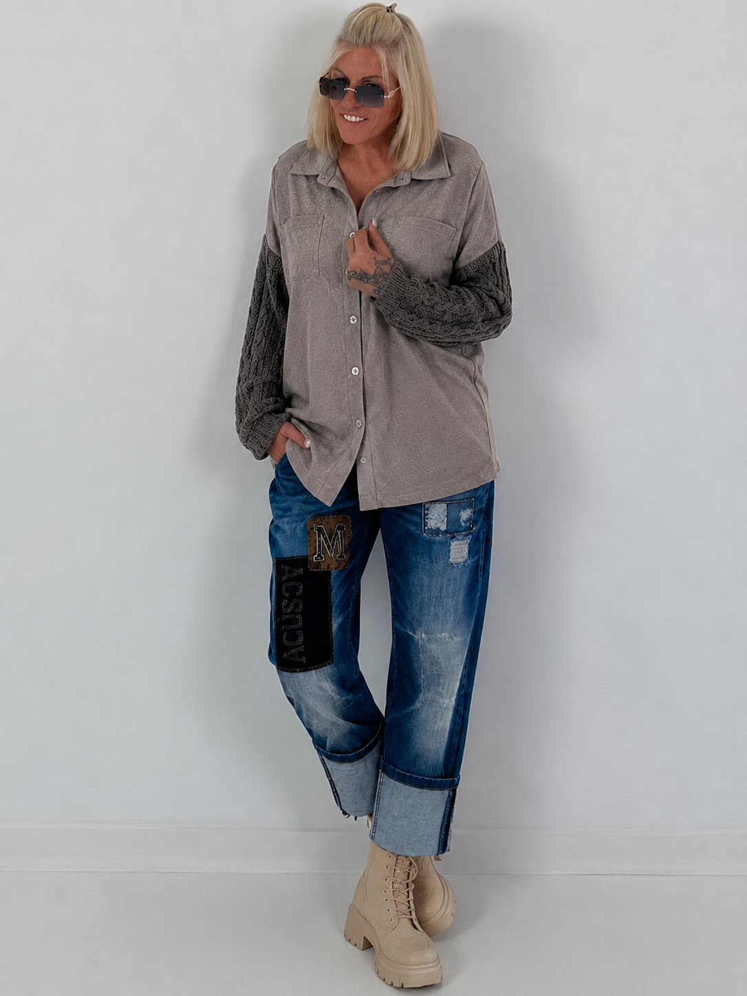 Lässiges Wildleder-Optik Hemd mit Strickarm - taupe