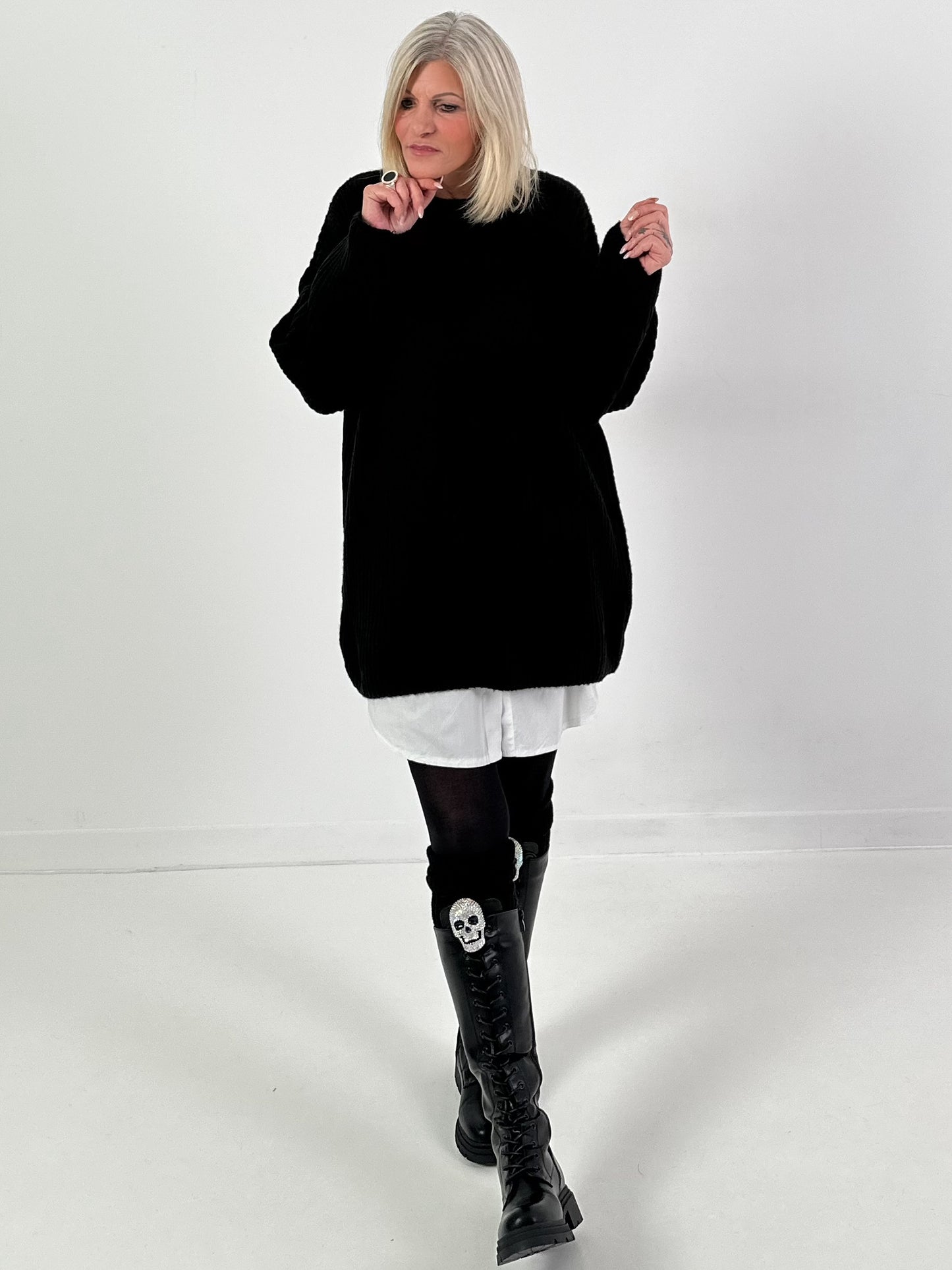 Long pullover model "Rib Relax" - black