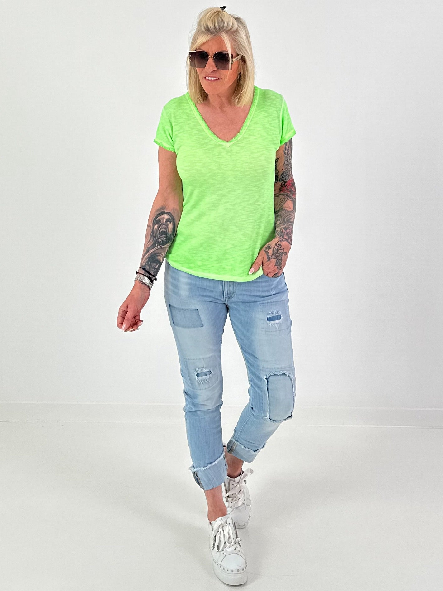 Ribbed T-shirt with fringe - neon green