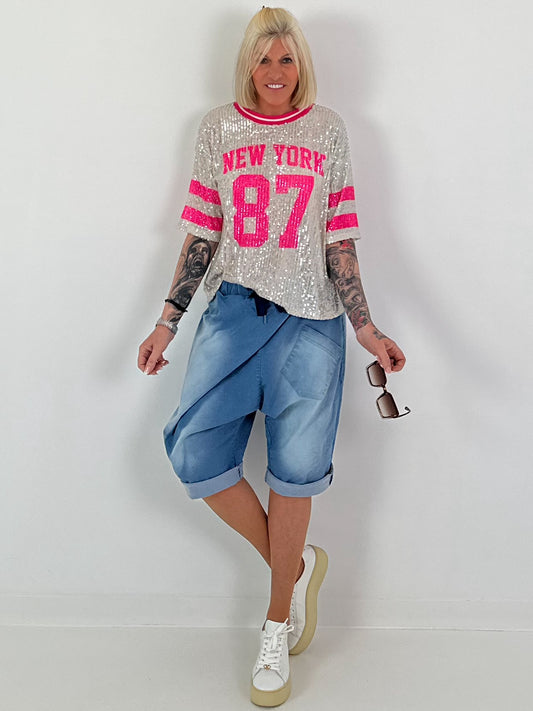 Pailletten T-shirt New York - zilver-roze