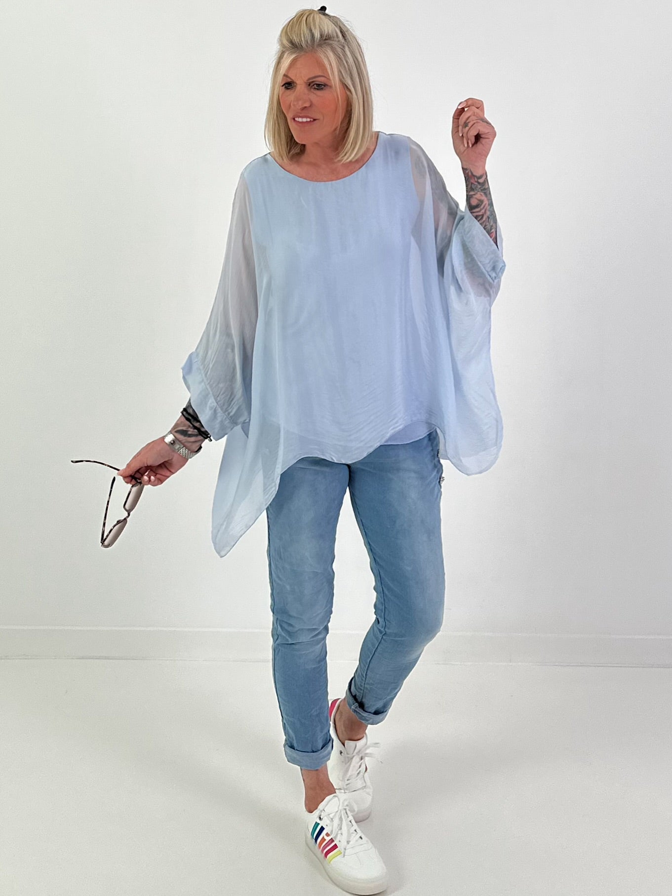 Silk Tunic with Integrated Under Top - Light Blue