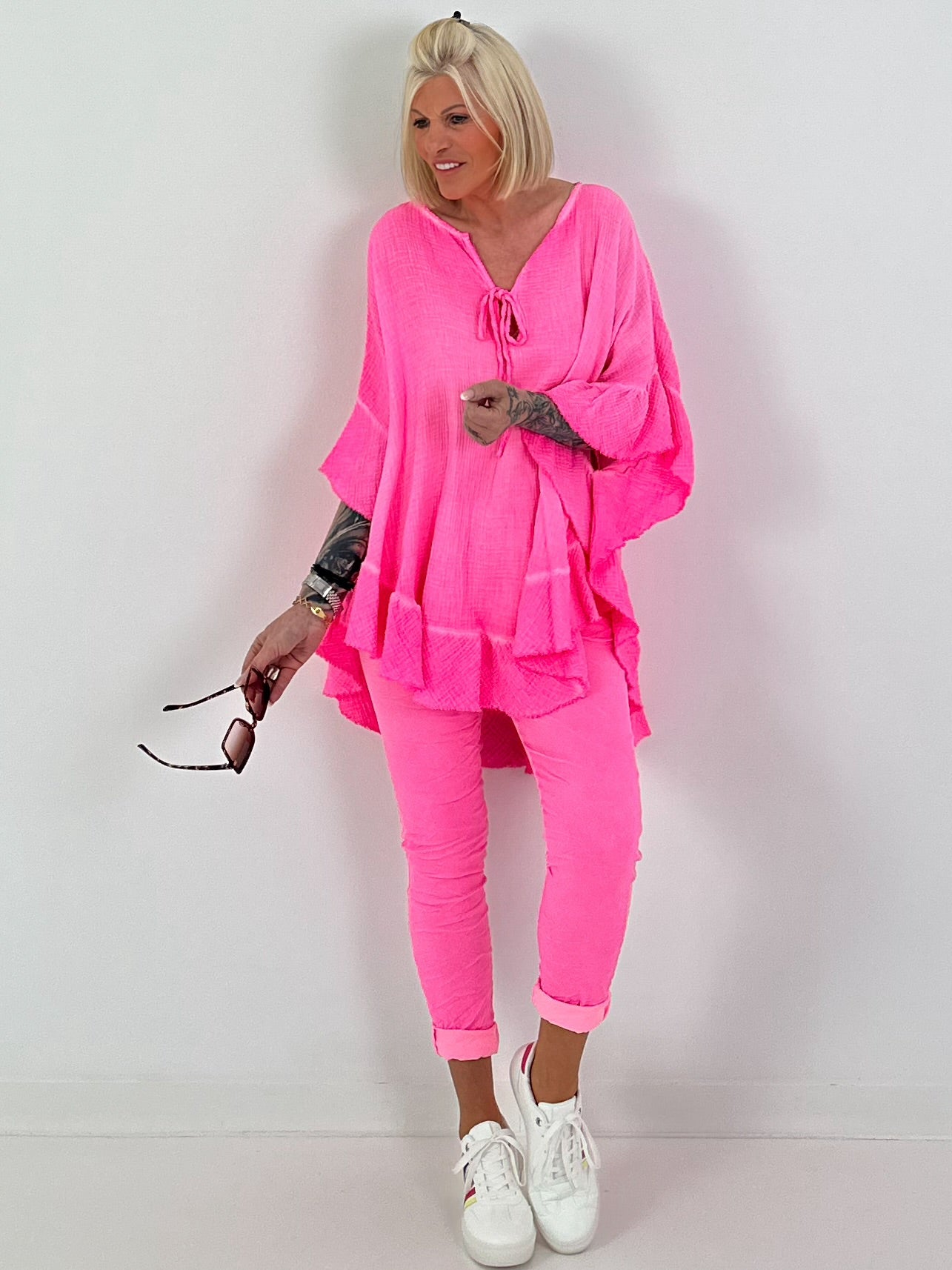 Muslin Tunic with Ruffles - neon pink