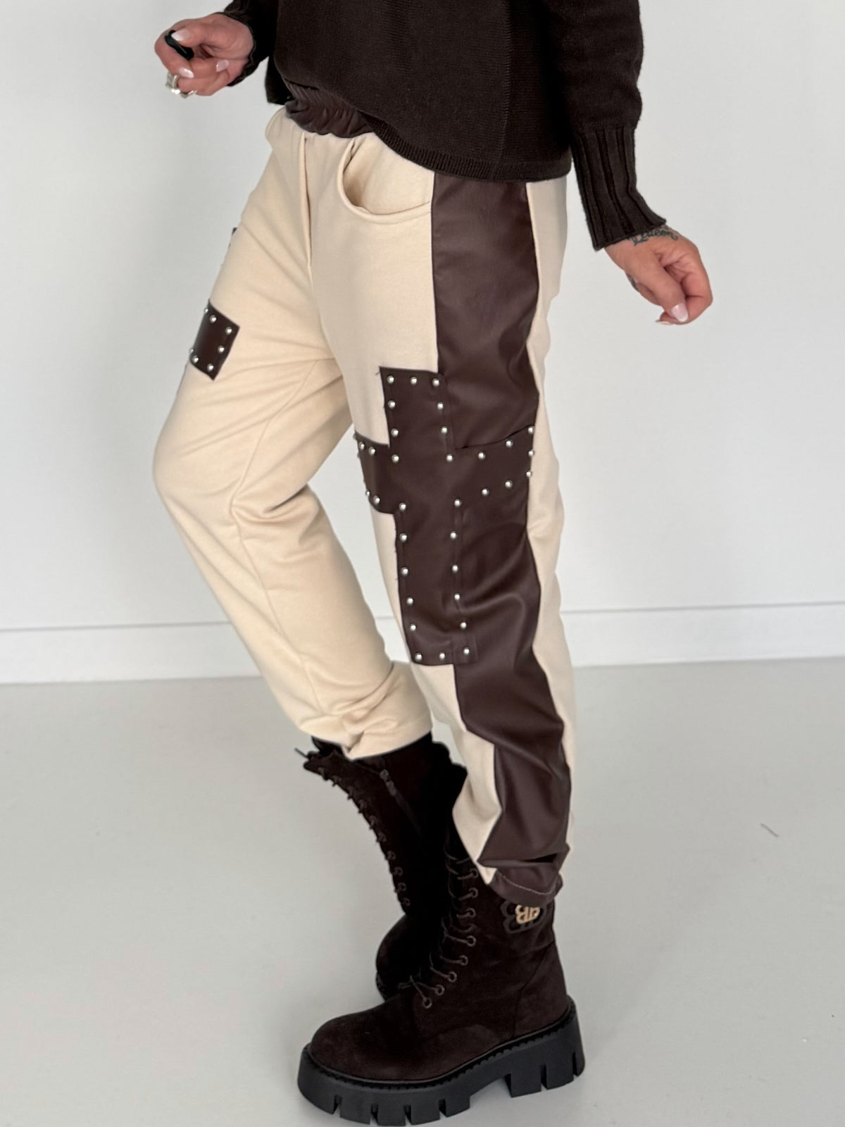 Sweathose im Materialmix - beige-mokka