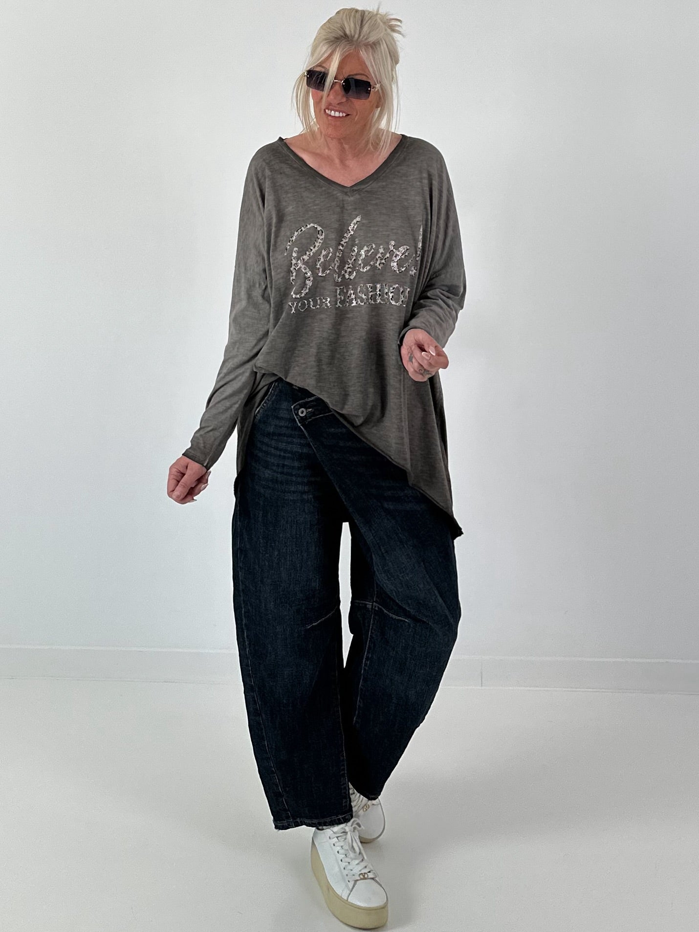 Oversized shirt with leopard print and rhinestone details - mocha