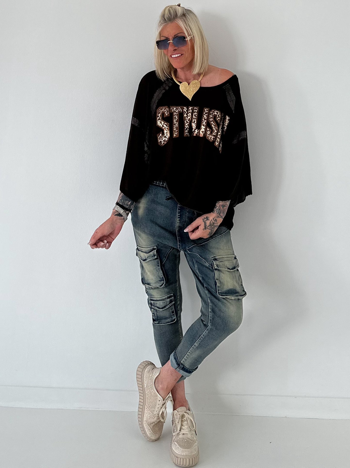 Strick Shirt mit Leo-Print - mokka