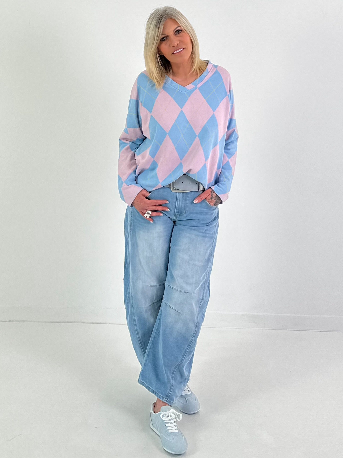 Sweater im Rautenmuster - hellblau-rosa