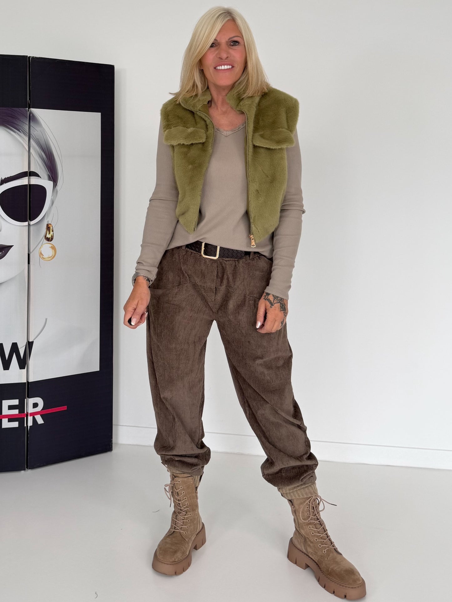 Gilet in behaaglijke bontlook - olijf