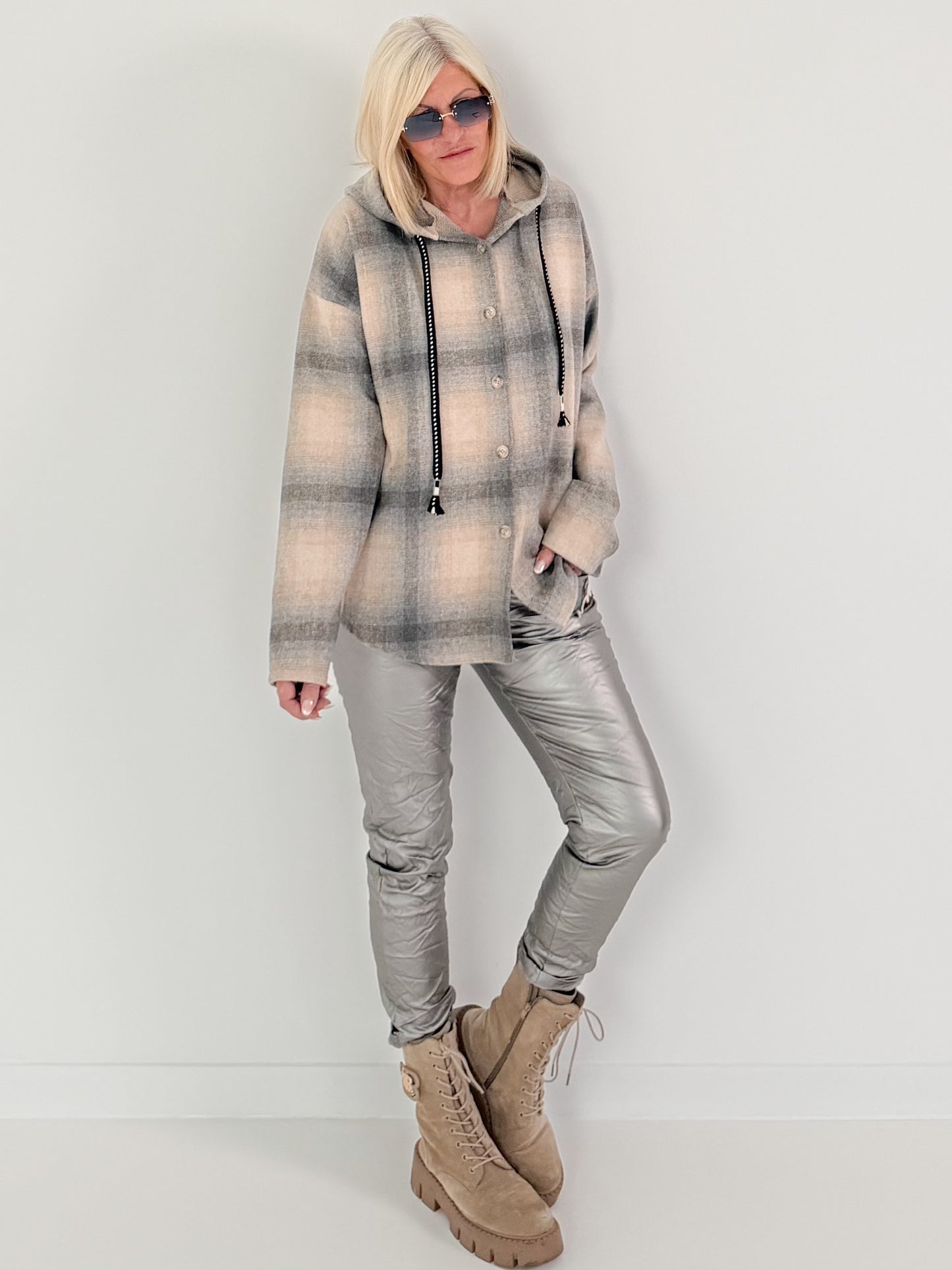Checked shirt jacket with hood - beige-grey-multi-coloured