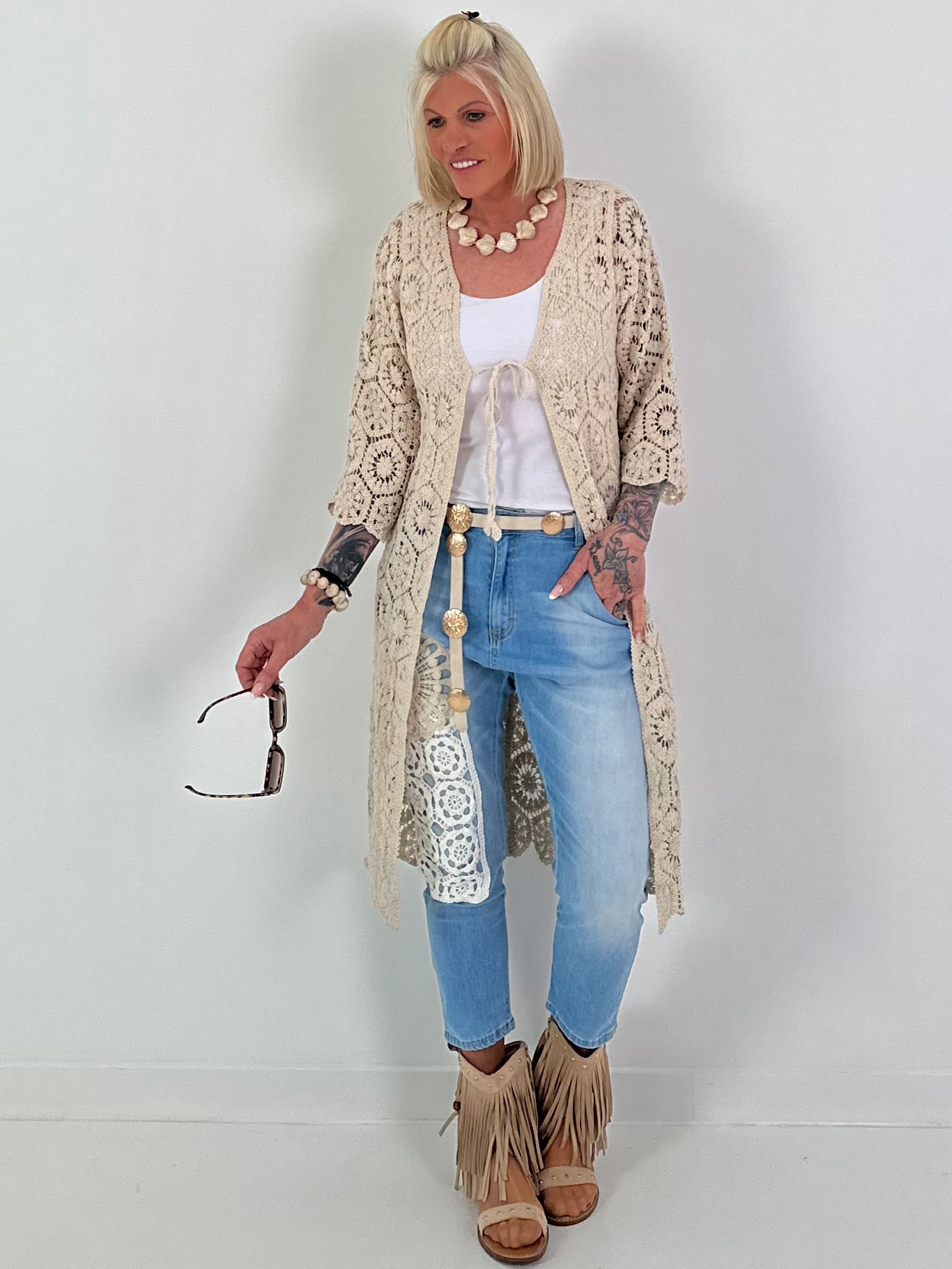 Häkelmantel zum Binden - beige