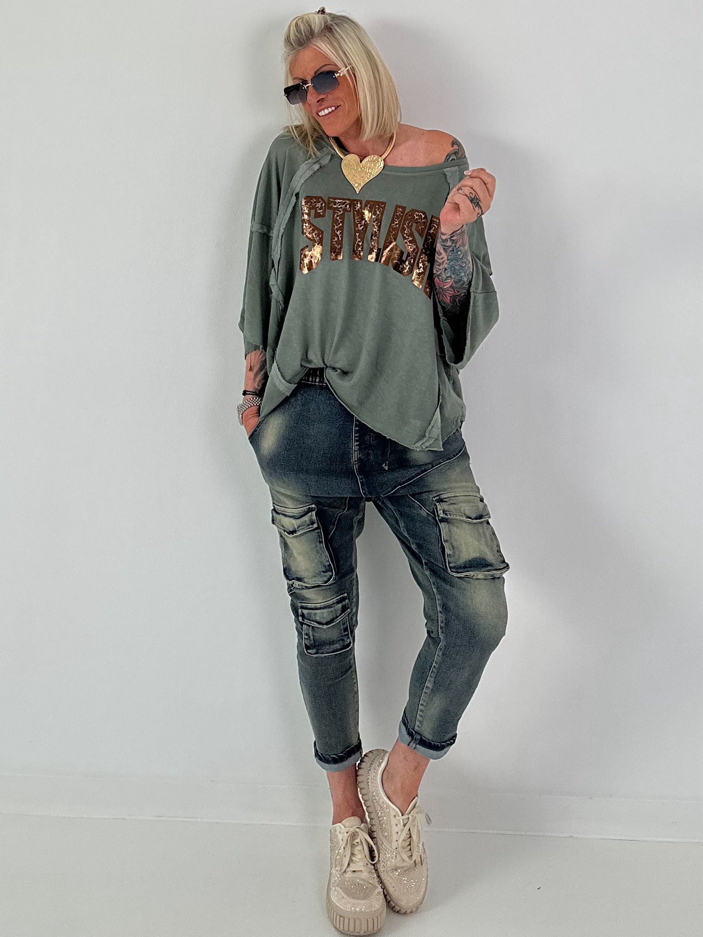 Strick Shirt mit Leo-Print - salbei