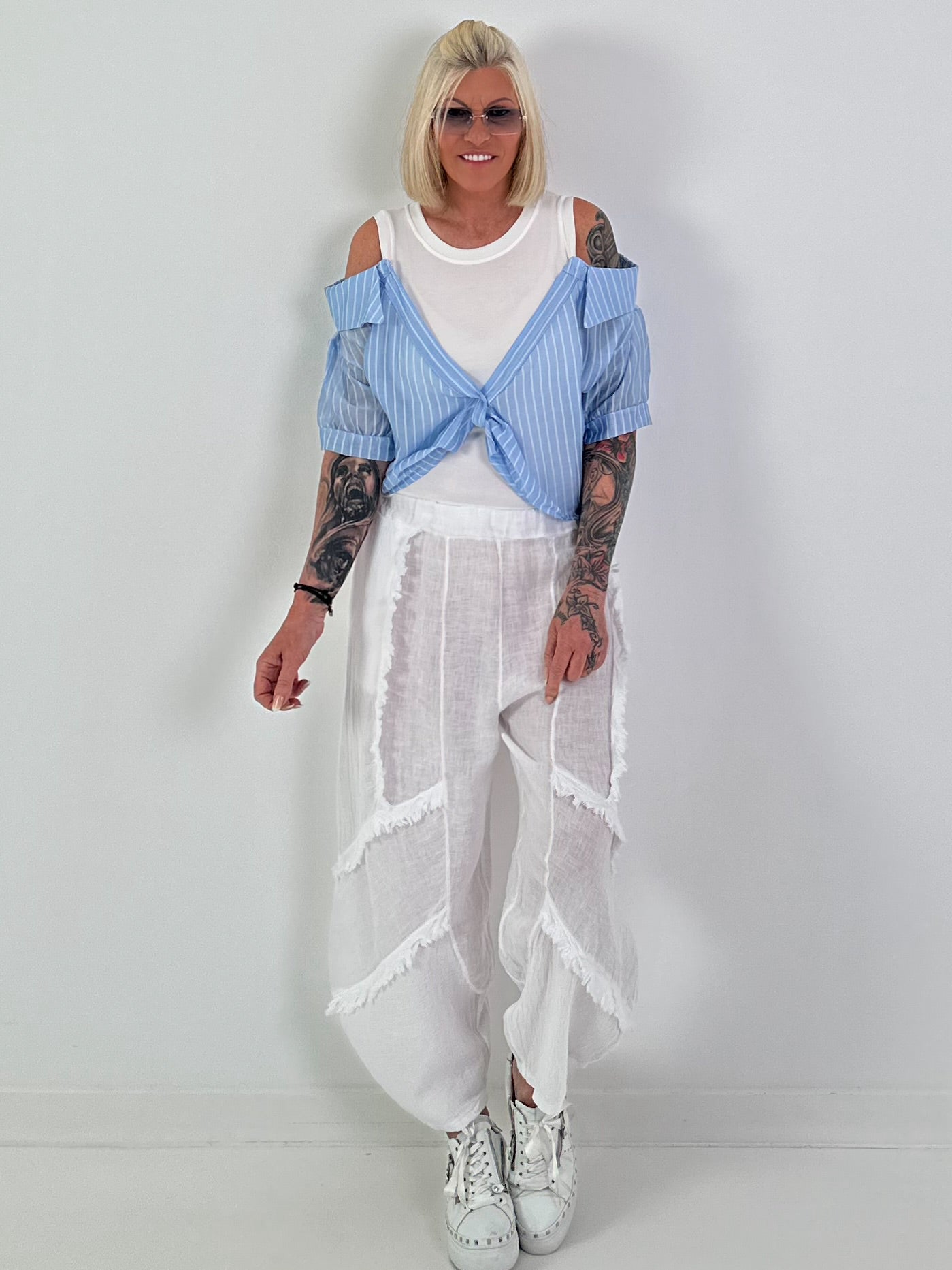 Ribbed top with blouse layering - white-light blue