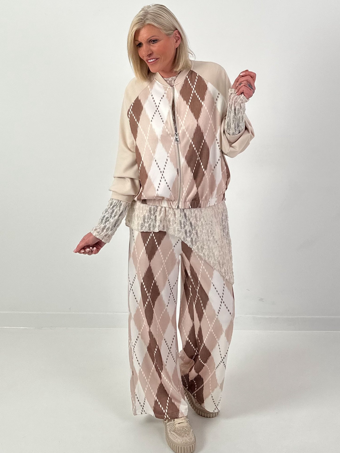 Leichte Jacke mit Rautenmuster - beige-braun-weiss