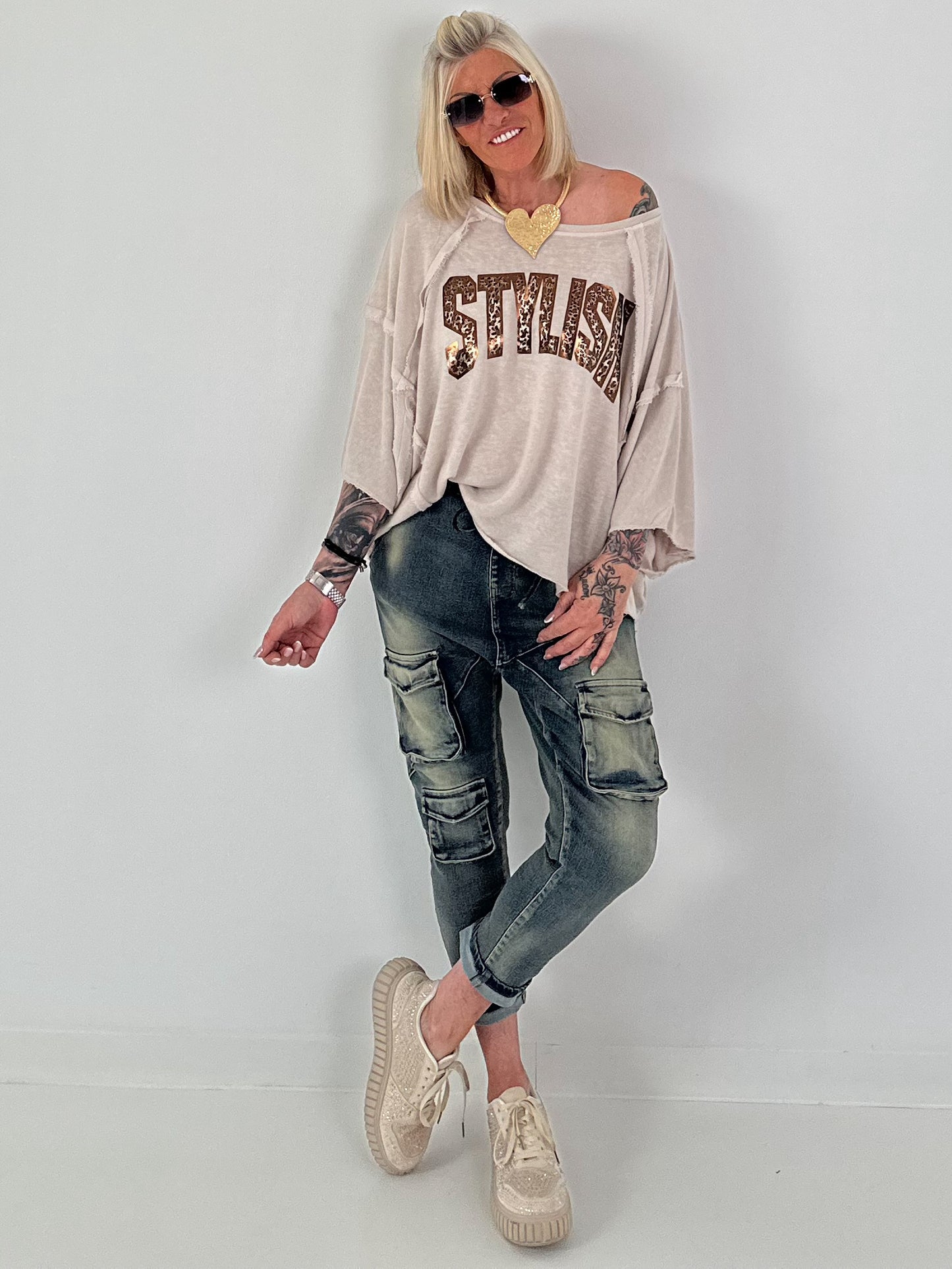 Strick Shirt mit Leo-Print - beige