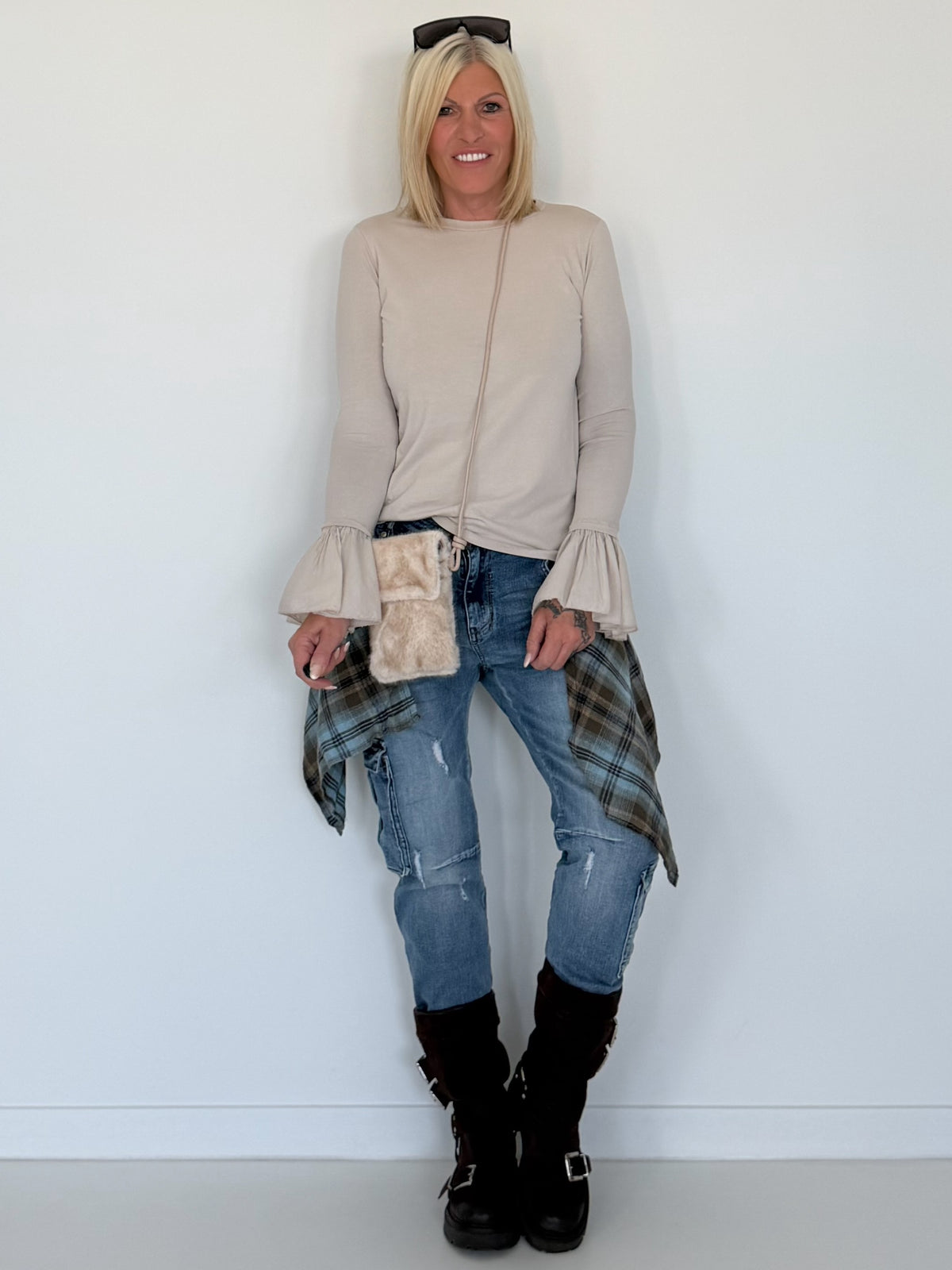 Shirt mit Trompetenärmelchen - beige