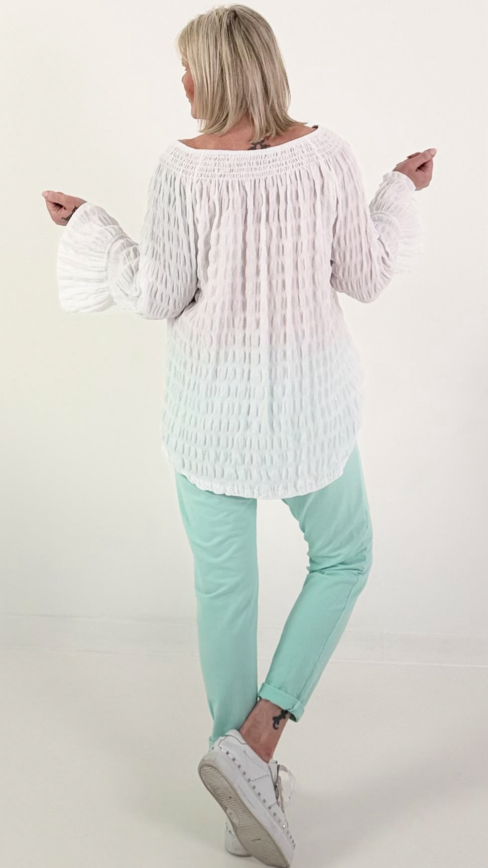 Structured tunic with tie belt and flounce sleeves - white