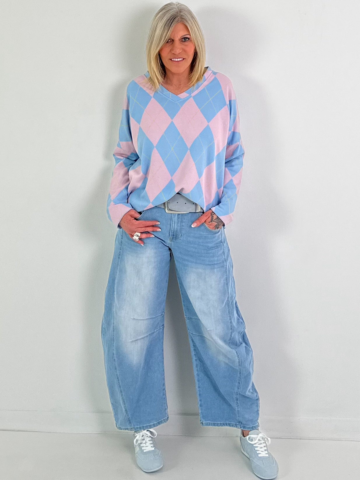 Sweater im Rautenmuster - hellblau-rosa