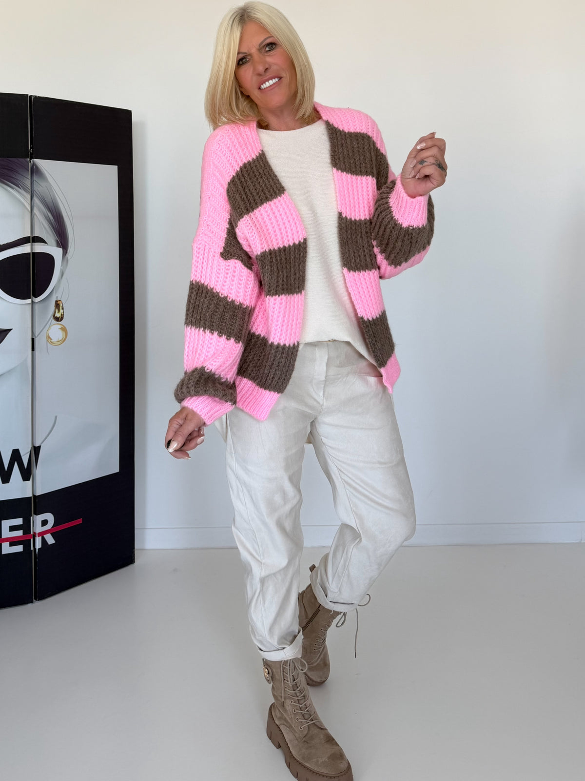 Strickjacke mit Blockstreifen - rosa-taupe
