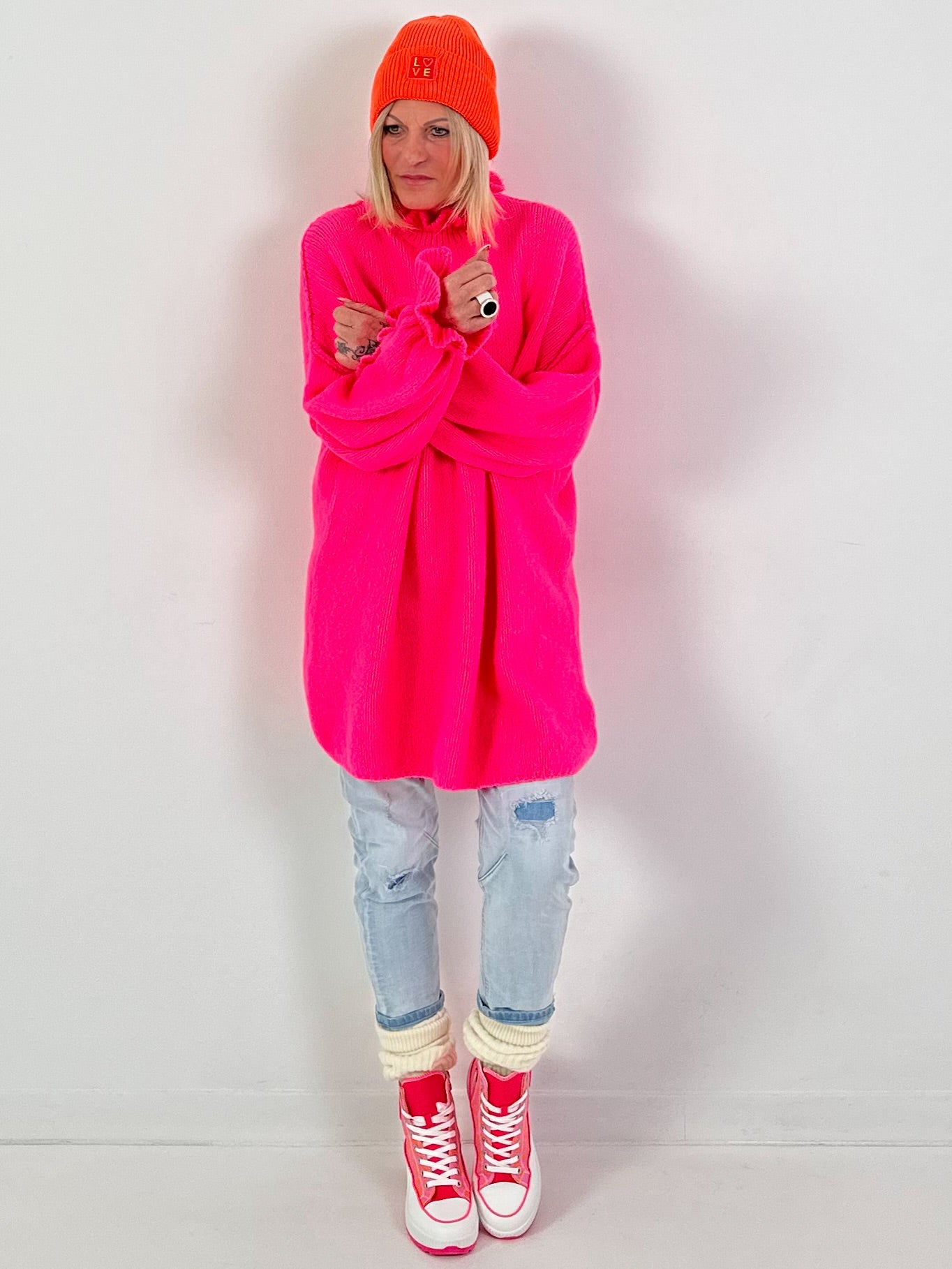 Oversized lange trui "Ruffle Drama" - neonroze