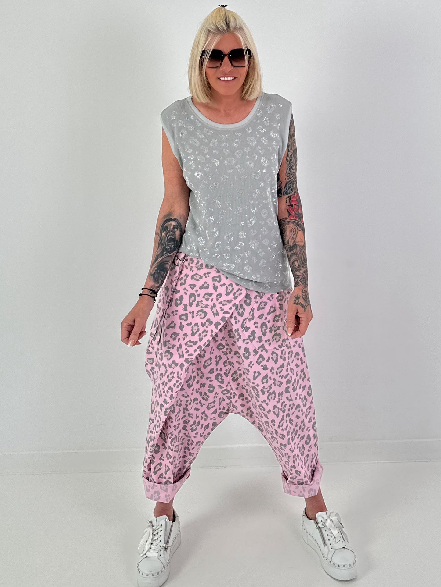Ribbed Glitter Leopard Top - Gray