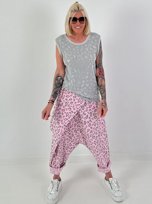 Ripp Top mit Glitzer Leo - grau