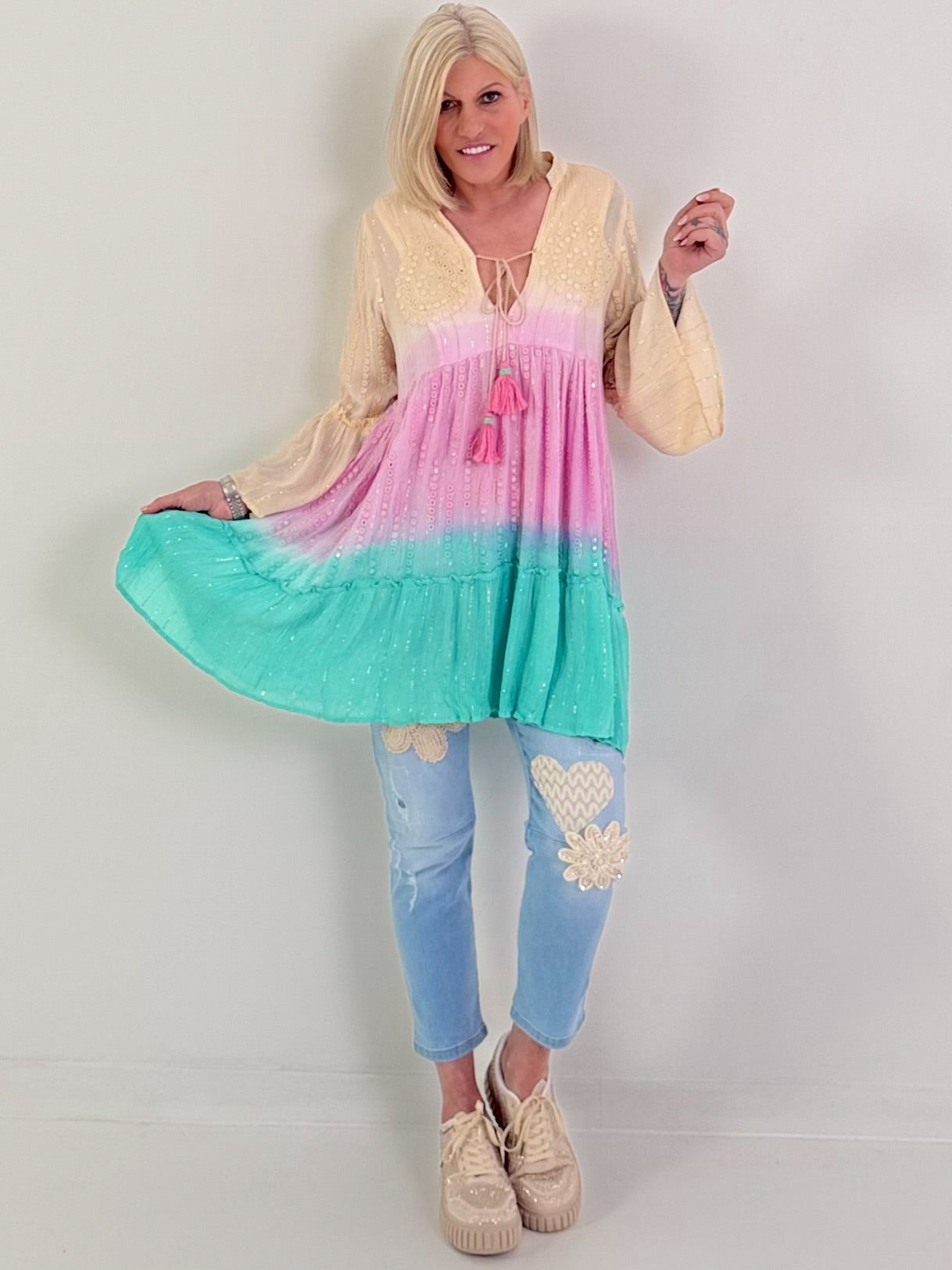 Ibiza Tunika/Kleid mit Lurexnähten - beige-rosa-türkis