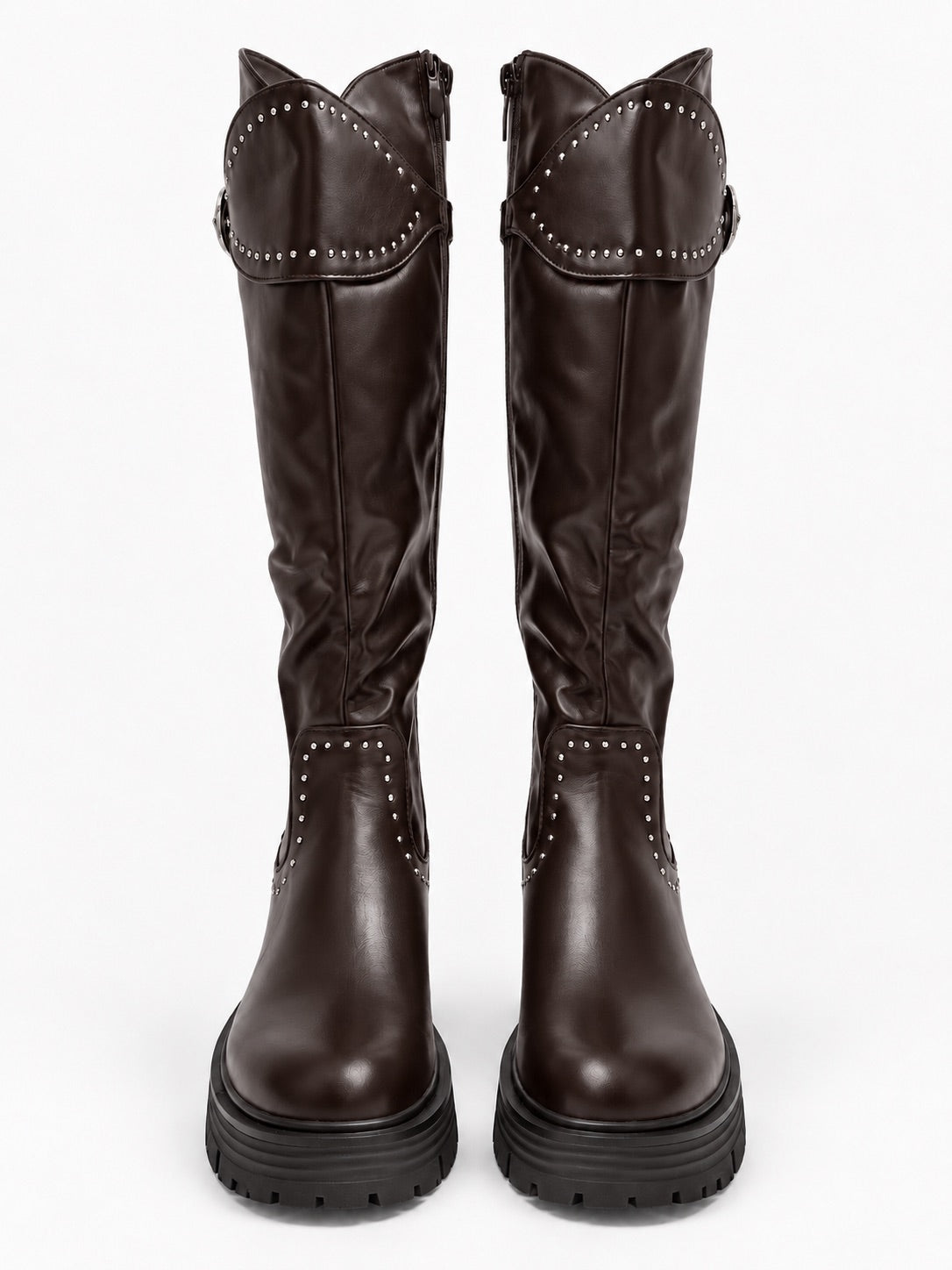 Statement-Stiefel in Lederoptik mit Nieten - mokka