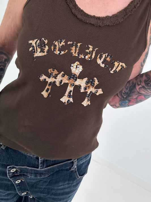 Ripp Tank Top mit Print  - mokka