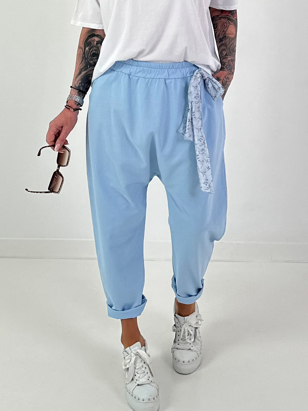 Baggy Trousers with Decorative Scarf - Light Blue