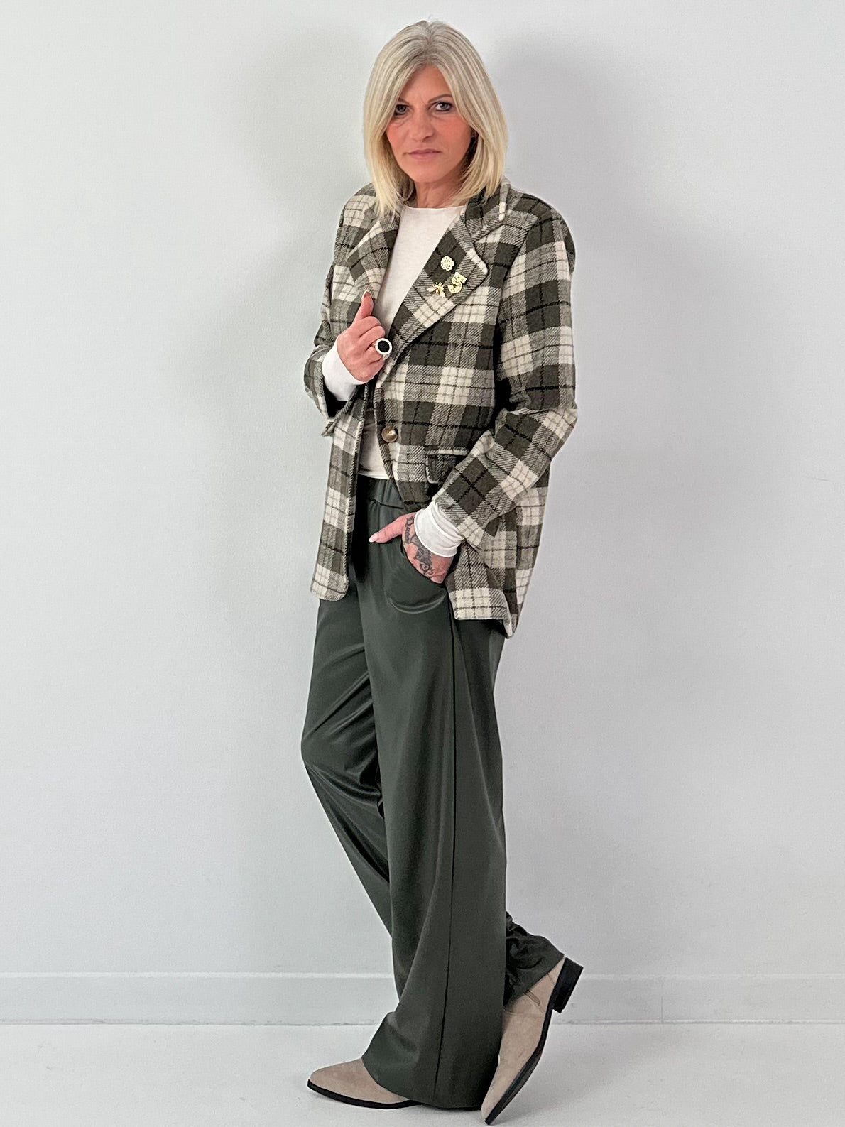 Leather-look trousers, model "Smooth Faux" - olive