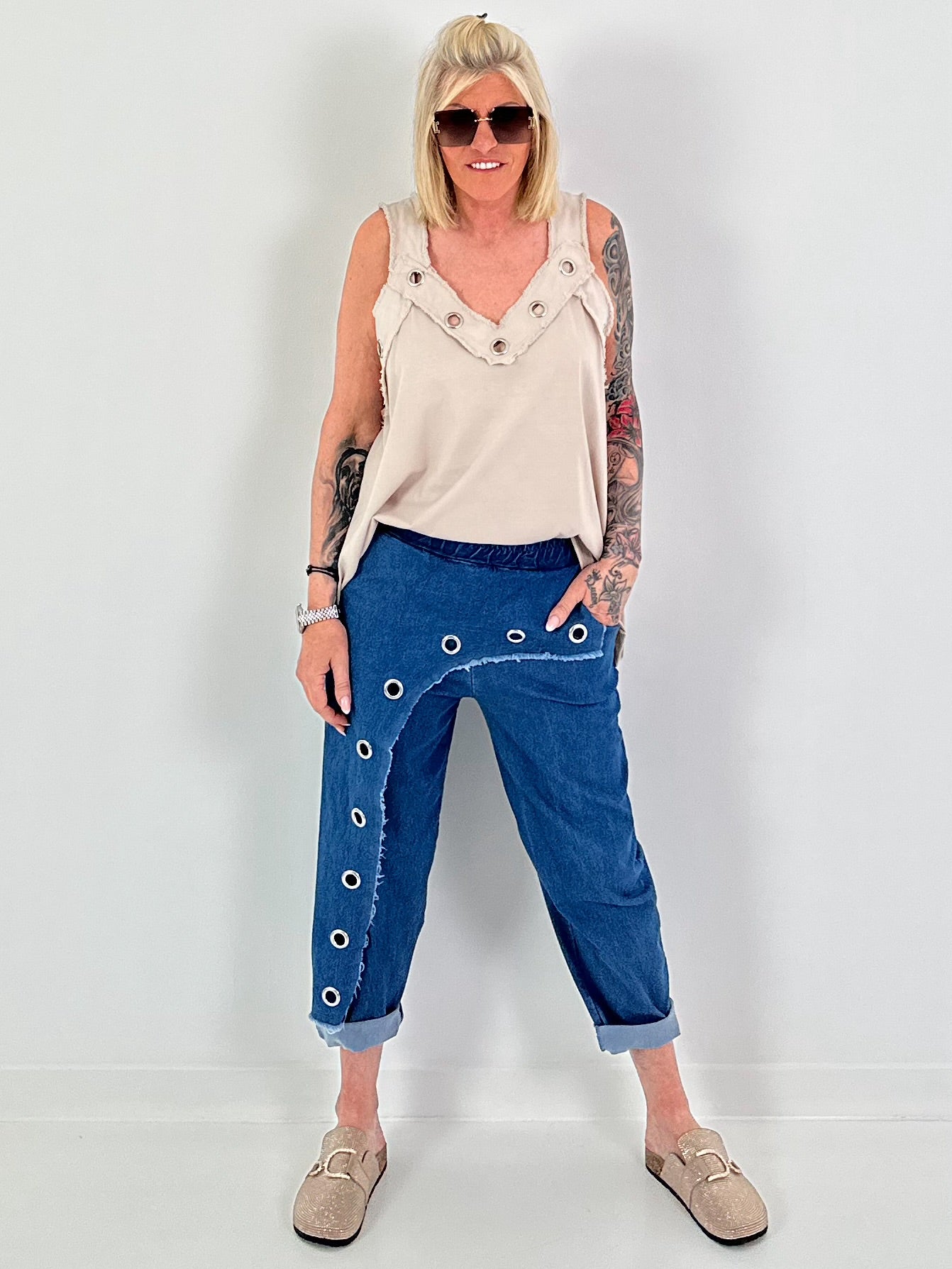 Oversized Top with silver eyelets - beige