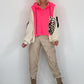 Oversized grofgebreide hoodie met sweat-inzetstuk - neonroze-ecru