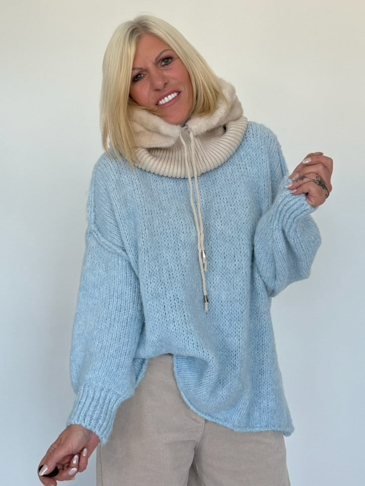 Faux-Fur Balaclava mit Strickkragen - beige