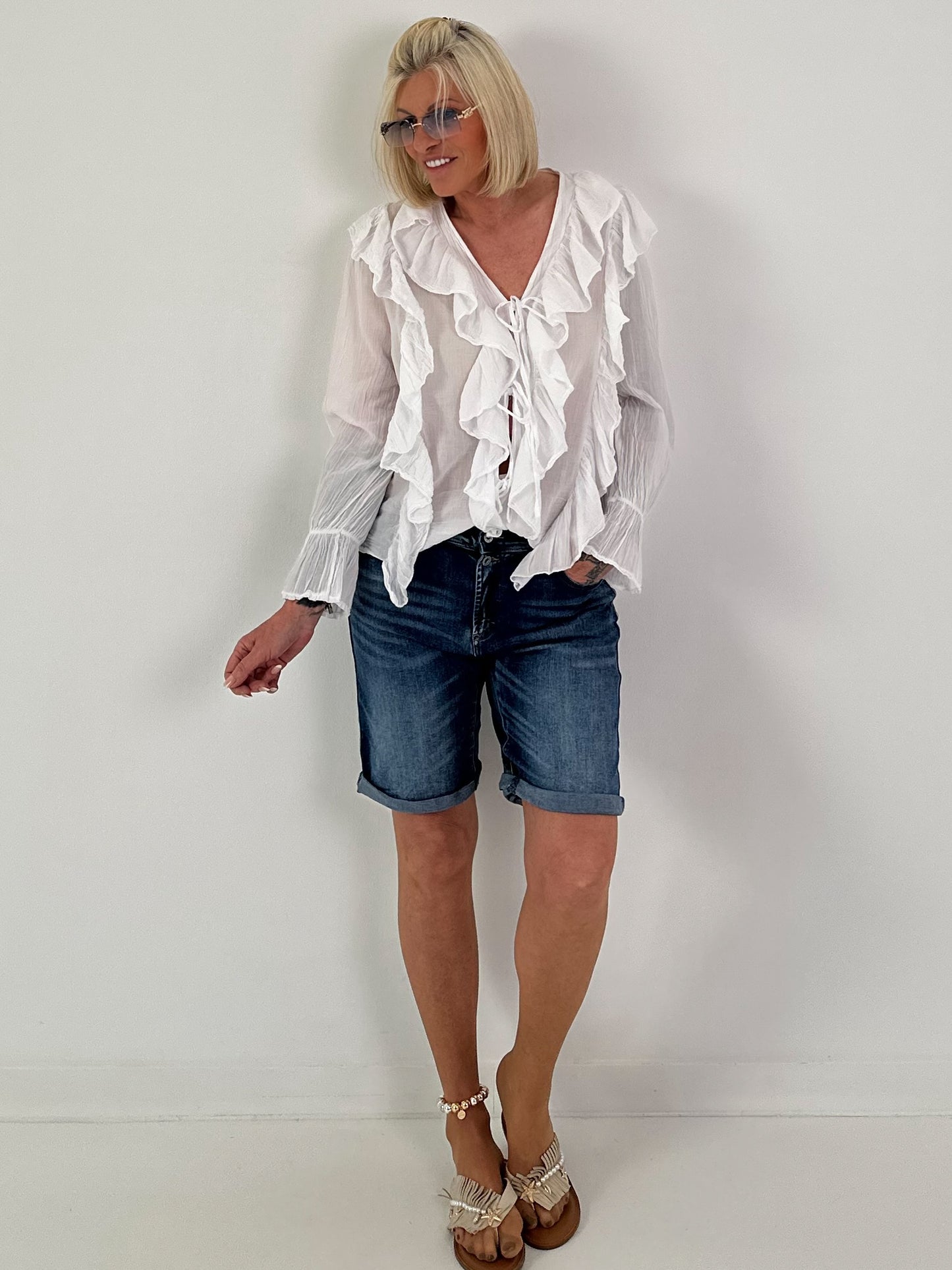 Tunic with Tie and Ruffles - White