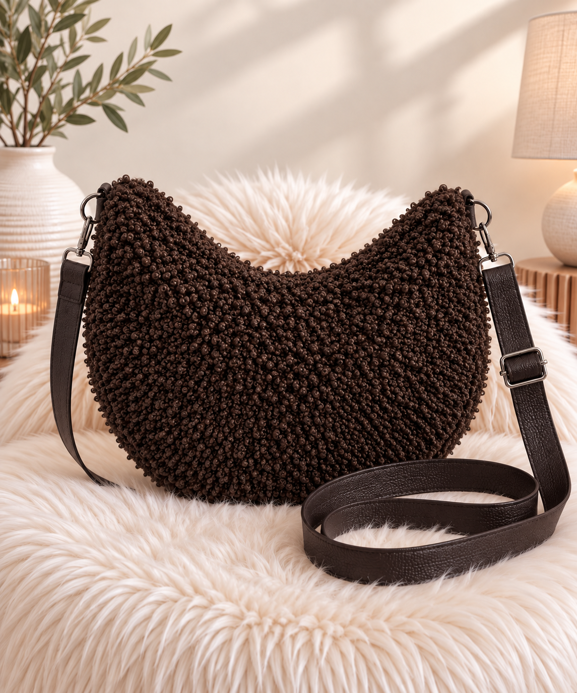 XXL Crossbodytas in teddykrul-look - mokka