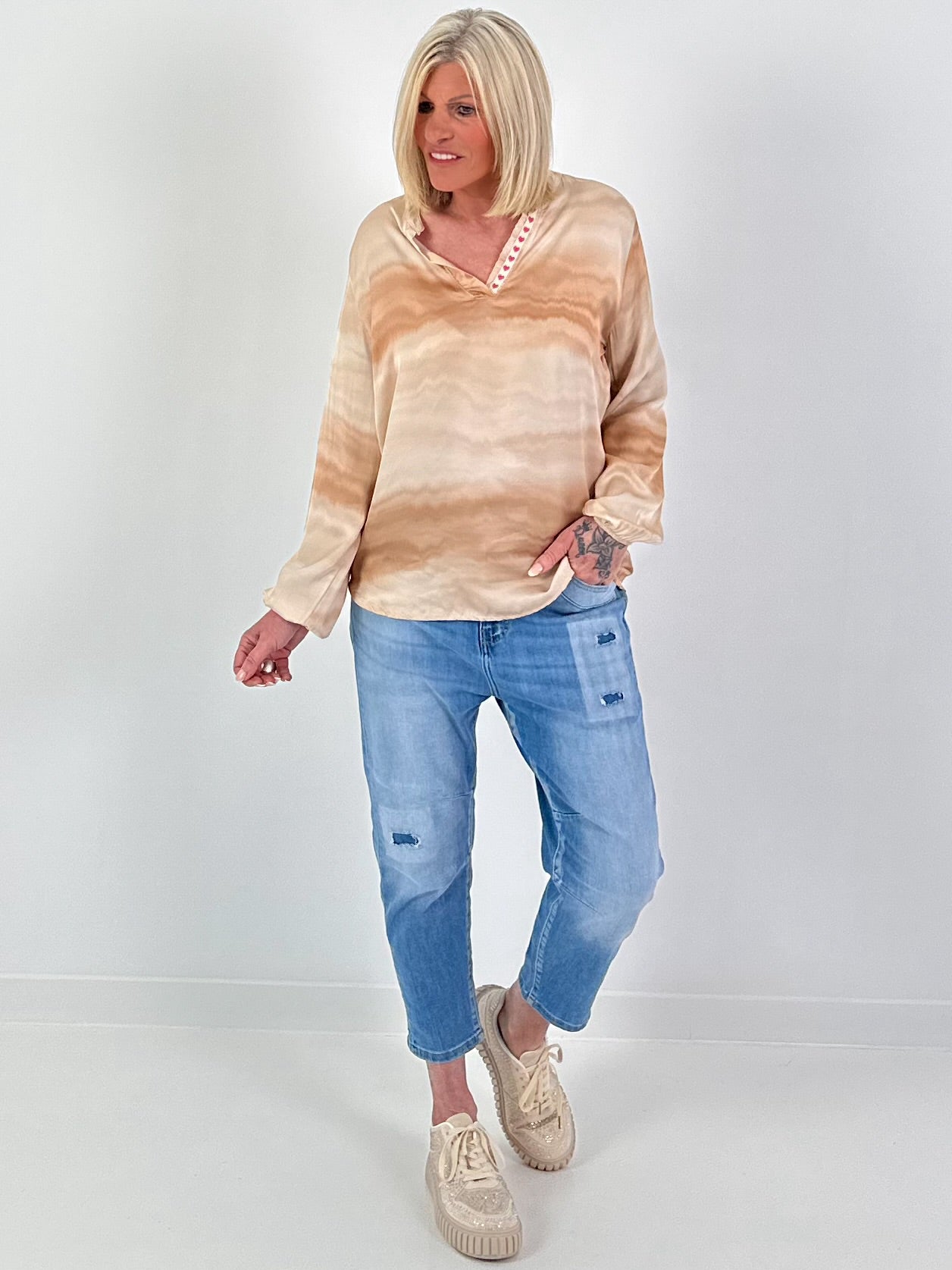Silk tunic with gradient and heart details - beige multi-colored