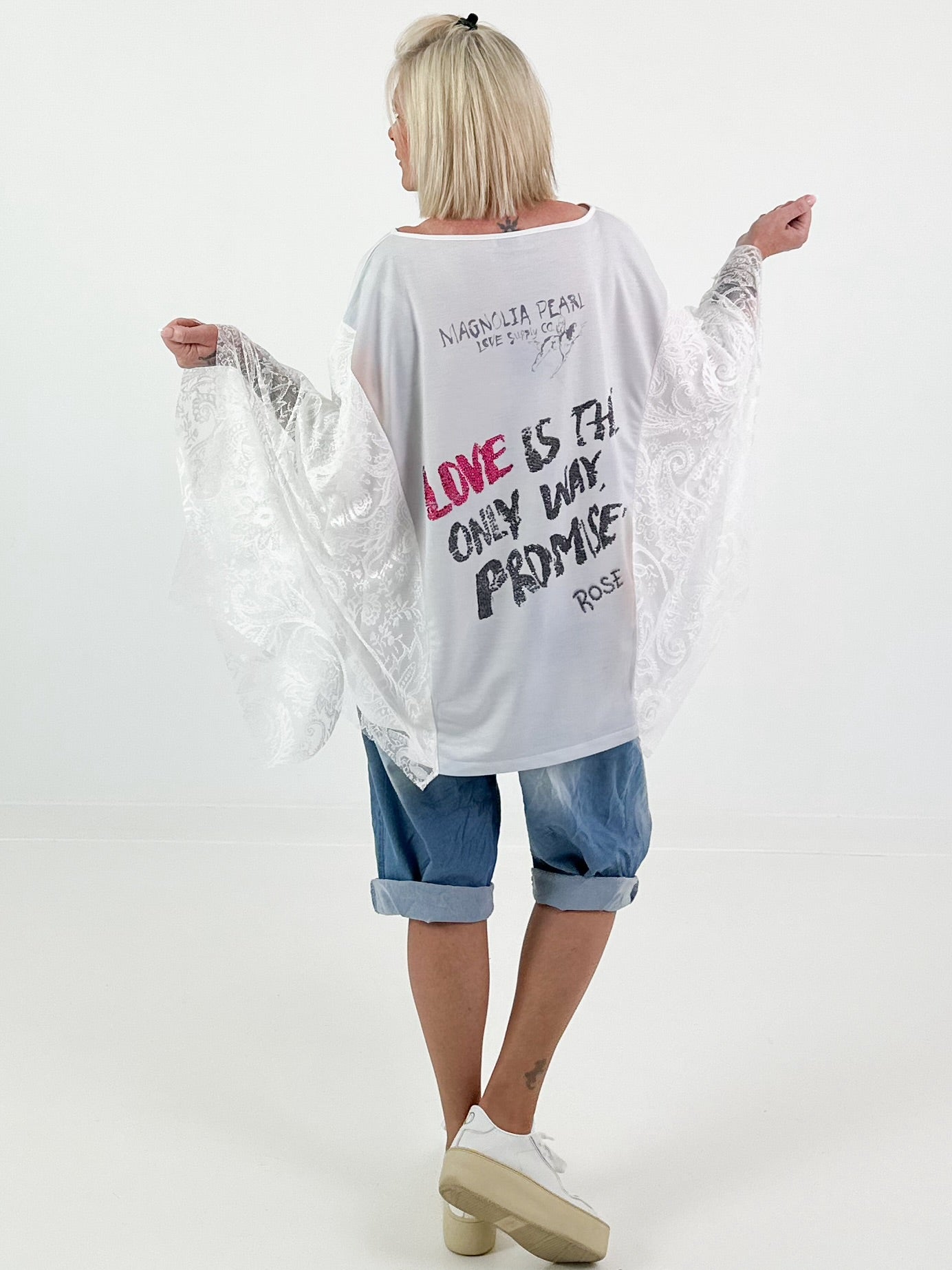 Shirt mit Print und Spitzen Layering - weiss-mehrfarbig