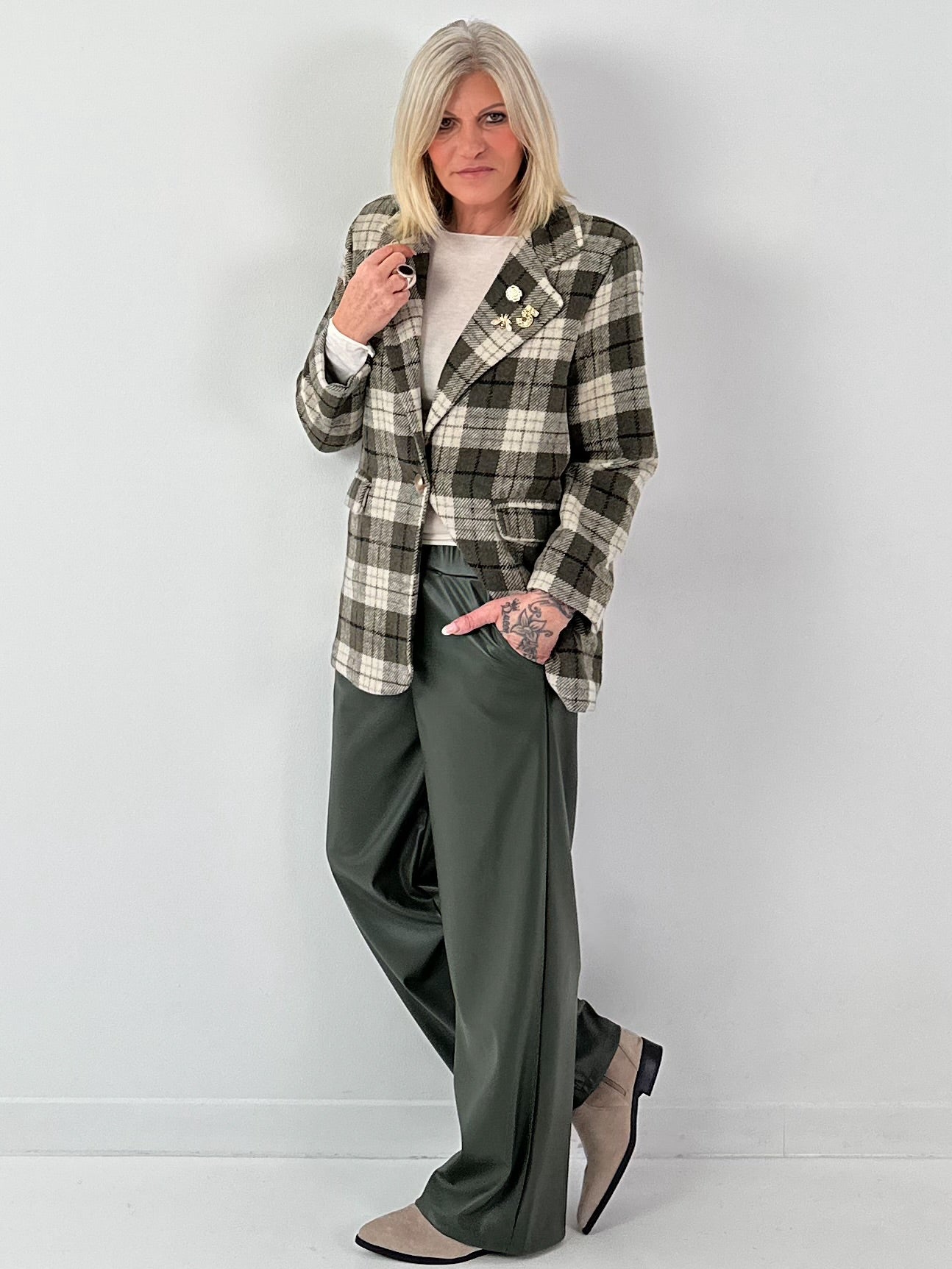 Geruit wollen blazer, model "Royal Check" - olijfgroen-veelkleurig