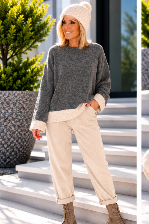 Pullover mit Kontrastsaum - anthrazit-beige