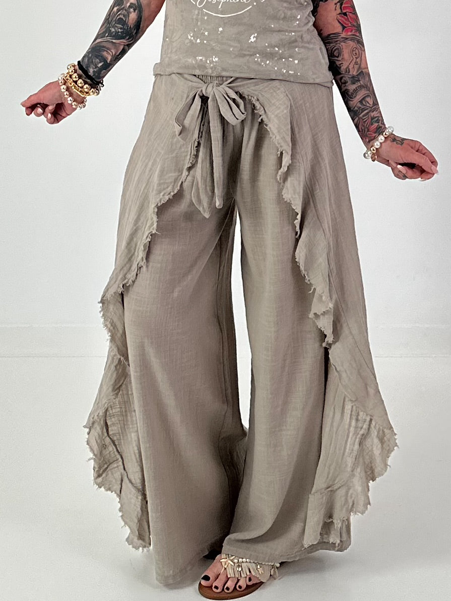 Wijde broek met bindstrook - taupe