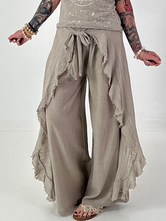 Weite Hose mit Bindevolant - taupe