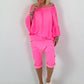Tunic with gathered round neck and flounce sleeves - neon pink