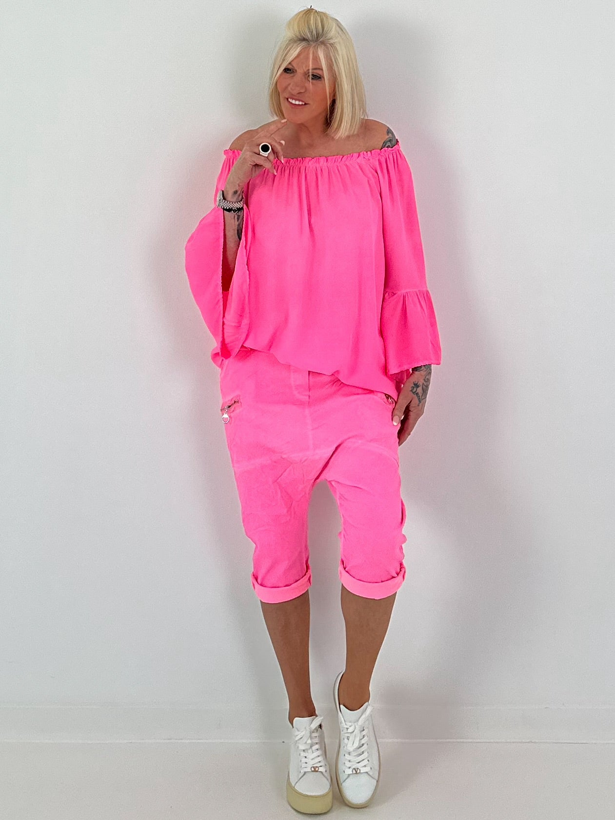 Tunic with gathered round neck and flounce sleeves - neon pink