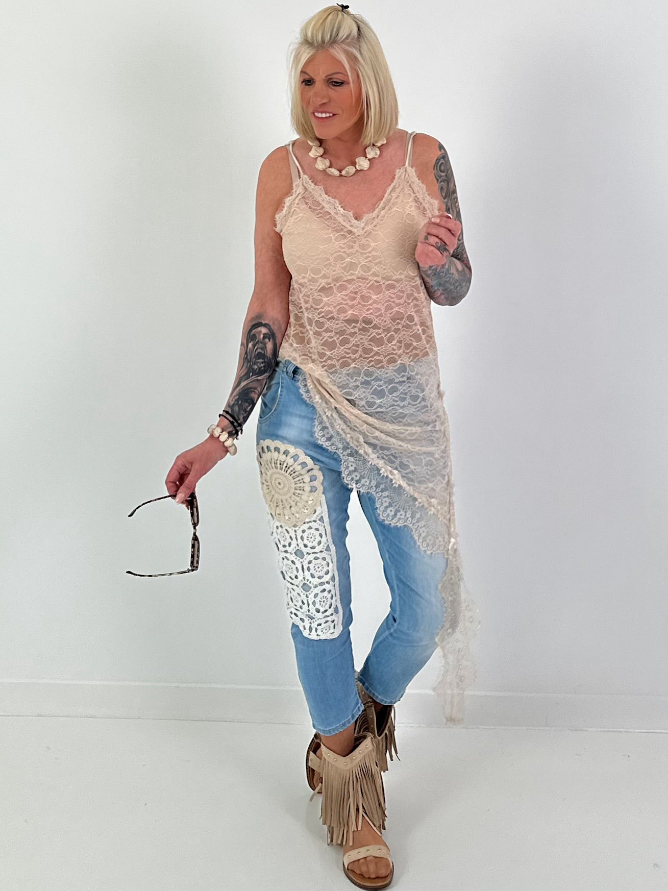 Long lace top asymmetric - beige