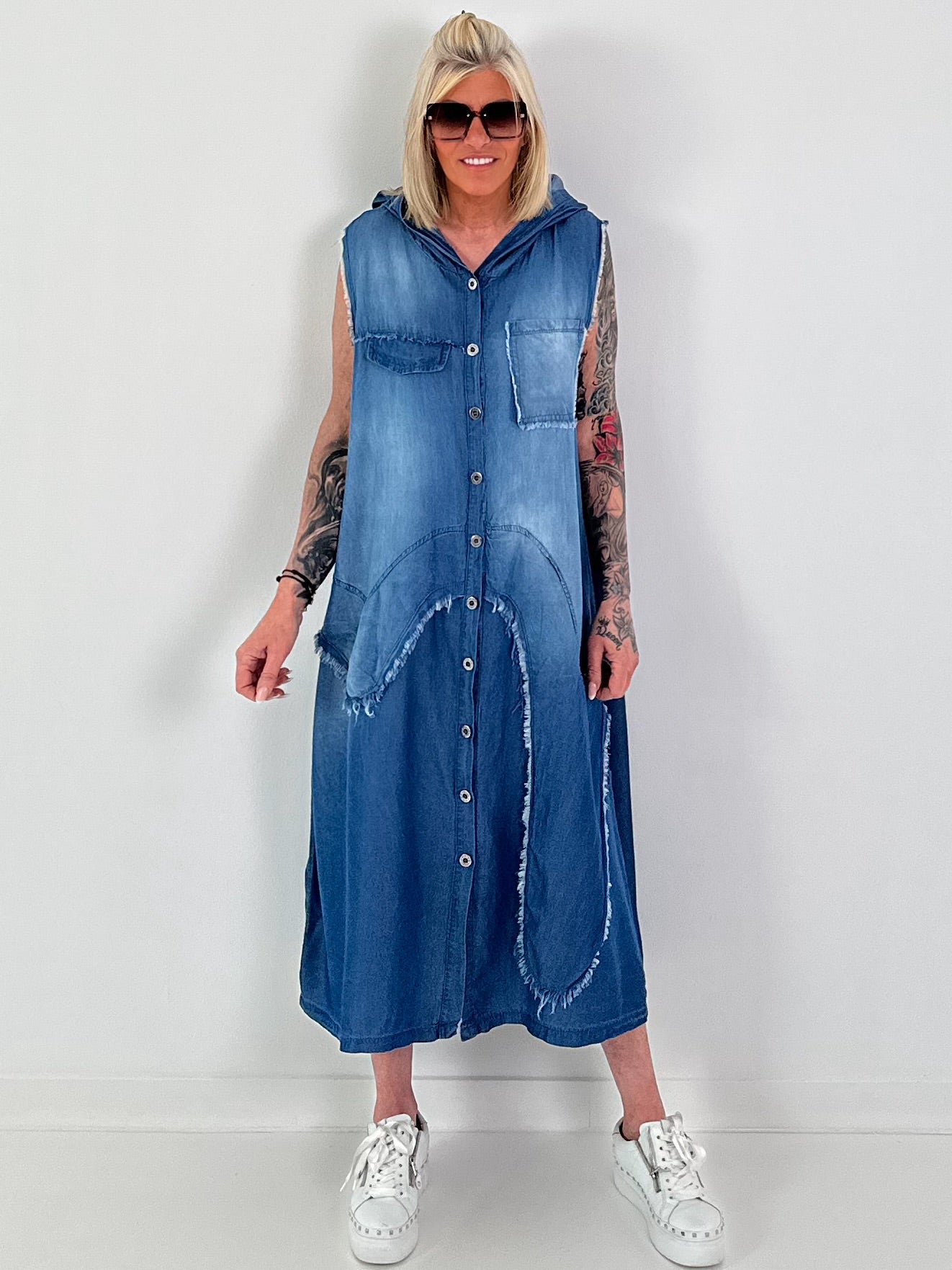 Hooded denim dress - dark blue